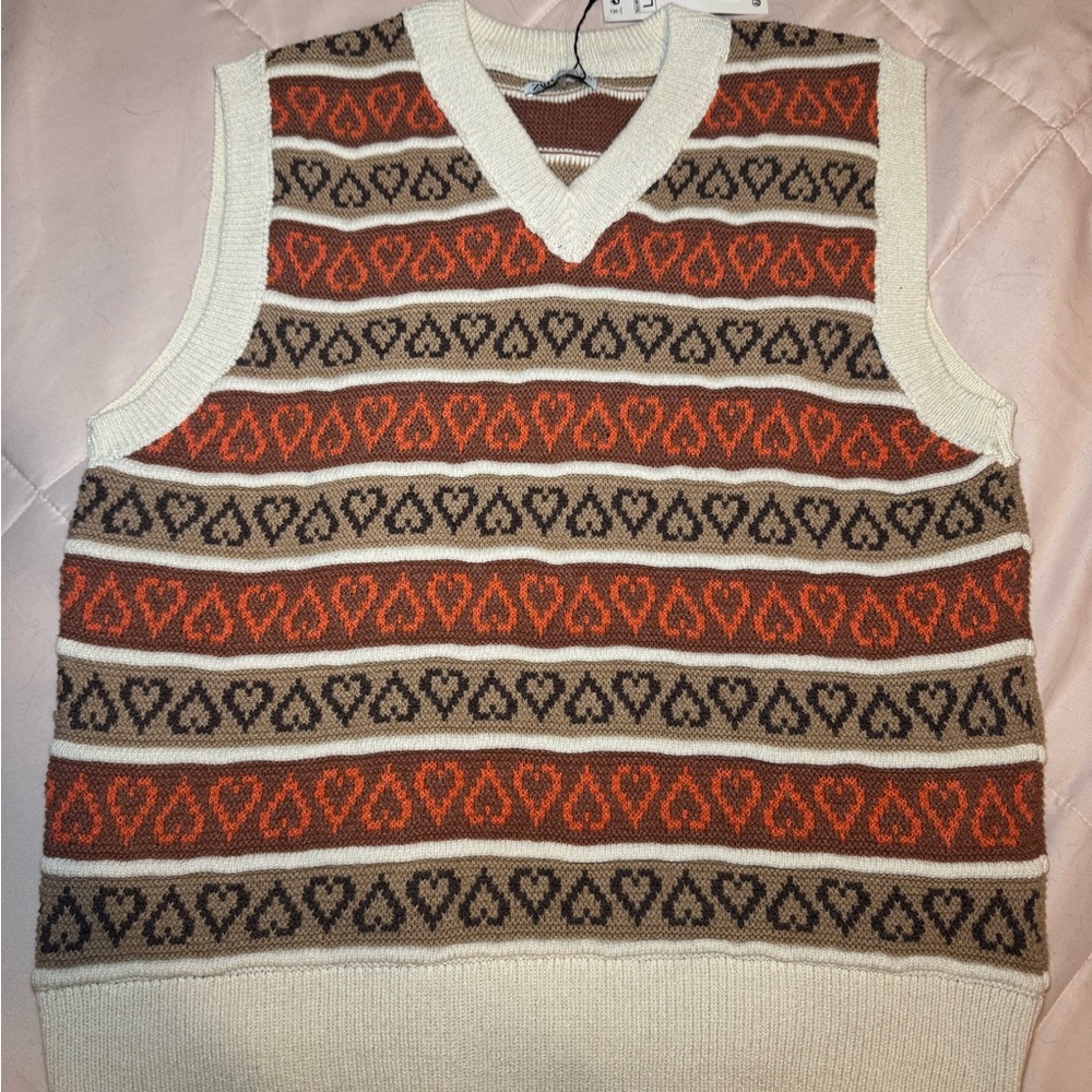 Zara Women’s V-Neck Heart Sweater Vest - Cream, Brown, and Orange